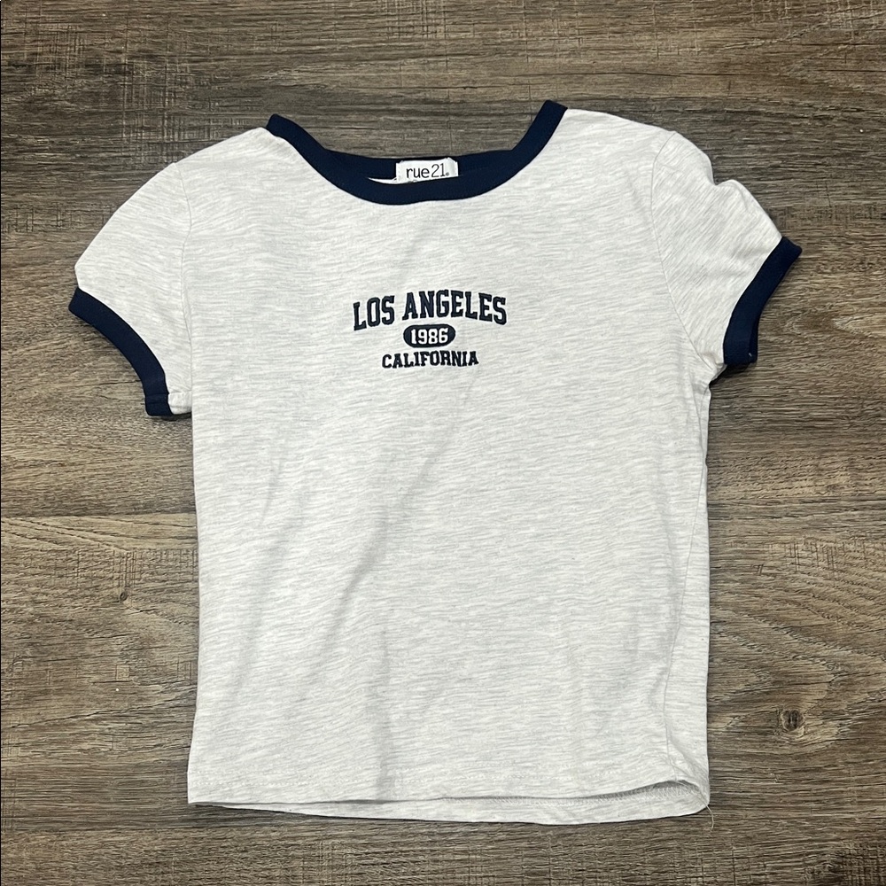 Rue21 Light Gray Tee with Navy Trim